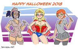 2018 3girls bandaged_head ben_10 big_breasts blonde_hair blue_eyes blue_hair cape clothed clothed_female crossover crossover_cosplay dated deviantart female female_only furaffinity glasses green_eyes grey_skirt gwen_tennyson halloween halloween_2018 halloween_costume hands_on_own_hips happy_female harry_potter hermione_granger_(cosplay) hogwarts_school_uniform inspector_gadget jackie_chan_adventures jade_chan long_hair looking_at_viewer multiple_girls necktie nurse_(silent_hill)_(cosplay) nurse_cap nurse_outfit nurse_uniform orange_eyes orange_hair original_gwen penny_gadget ponytail samson_00 scalpel school_uniform short_hair silent_hill stockings straight_hair tiara uniform wand wonder_woman_(cosplay)