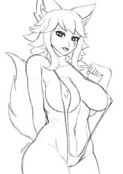 1girls animal_ears animal_tail bikini breasts female female_only fox_ears fox_tail io_(paladins) kemonomimi large_breasts line_art monochrome paladins sling_bikini solo stepyon swimwear twitter_username watermark