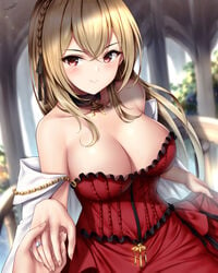 1boy 1girls alternate_costume artist_signature azur_lane bangs bare_shoulders blonde_hair blush braid breasts choker cleavage collarbone dress evening_gown eyebrows female female_focus french_braid hair_ribbon hand_grab highres holding_clothes holding_skirt jewelry king_george_v_(azur_lane) king_george_v_(rose's_regalia)_(azur_lane) large_breasts light-skinned_female light-skinned_male light_skin looking_at_viewer pov red_dress red_eyes ribbon ring royal_navy_(azur_lane) sidelocks skirt smile solo_focus wedding_ring wsman