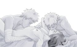 1girls 2boys almightyshadowchan alternate_hair_length amputee bandaged_arm bent_over boruto:_naruto_next_generations breast_grab breasts clone closed_eyes dilf gender_transformation genderswap_(mtf) kissing kissing_belly kissing_body long_hair lying lying_on_back lying_on_bed lying_on_person male/male/female mature mature_female mature_male milf missing_arm mmf_threesome monochrome multiple_boys naruto naruto_(series) nipples rule_63 sasuke_uchiha sasuko sexy_no_jutsu short_hair threesome uzumaki_naruto