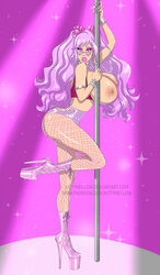 1girls bimbo bimbo_body bimbofication fishnets glasses high_heels huge_ass huge_breasts kittymellow lingerie navel nipple_piercing nipples oc original original_character original_characters pink_hair platform_heels short_shorts stripper stripper_pole thick_lips thick_thighs wide_hips