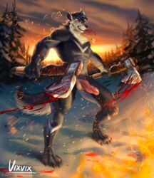 absurd_res anthro axe battle battle_axe blood bodily_fluids fighting_pose hi_res male melee_weapon osiris_callisto pose snow solo vixvixart weapon were