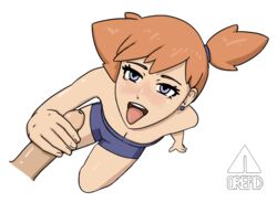 aged_up animated blue_eyes clothed earrings hair handjob human imminent_oral kasumi_(pokemon) kneeling kneeling_oral_position misty_(pokemon) nintendo on_ground open_mouth oral orange_hair oread penis pokemon pov shiny_skin tied_hair tongue_out