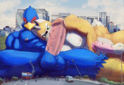 absurd_res anthro avian balls beak biceps big_penis bird blue_body blue_feathers bodily_fluids butt_crush canid canine car city destruction duo erection falco_lombardi feathers fellatio fox fox_mccloud genital_fluids genitals hi_res huge_filesize humanoid_genitalia humanoid_penis interspecies kovaltiel macro male male/male male_only mammal muscular nintendo oral pecs penile penis precum sex sitting star_fox vehicle video_games worship