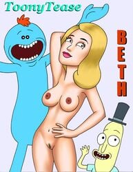 1girls 2boys beth_smith blonde_hair blue_skin eyelashes female hand_behind_head hand_on_hip long_hair male mr._poopy_butthole mr_meeseeks multiple_boys nude open_mouth pubic_hair rick_and_morty toonytease top_hat