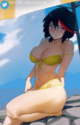 1girls artist_name atric18 beach_umbrella bikini black_hair blue_eyes blush breasts cleavage collarbone highres kill_la_kill large_breasts matoi_ryuuko red_hair short_hair sky solo stomach swimsuit thick_thighs thighs umbrella wet yellow_bikini