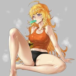 bare_legs barefoot blonde_hair crossed_legs cumshot ice_place knee_up legs no_bra no_pants panties popsicle rooster_teeth rwby sweat sweating tank_top underwear very_long_hair yang_xiao_long