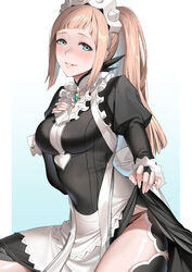 1girls apron aqua_eyes bare_thighs black_gloves black_legwear black_panties breasts brown_hair clothes_lift commentary_request commission deras dress dress_lift felicia_(fire_emblem) female female_only fingerless_gloves fire_emblem fire_emblem_fates frills gloves grin highres inner_thighs lifted_by_self long_hair looking_at_viewer maid maid_apron maid_headdress nintendo panties ponytail smile solo teasing thighhighs thighs underwear upskirt