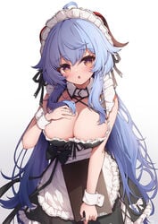 1girls absurd_res bangs big_breasts blue_hair blush breasts cleavage clipboard female ganyu_(genshin_impact) genshin_impact hair_between_eyes hand_on_breast hi_res highres horn horns huge_breasts large_breasts leaning_forward long_hair looking_at_viewer maid maid_apron maid_dress maid_headdress maid_outfit maid_uniform mouth_open nia_0703 open_mouth plain_background purple_eyes simple_background solo white_background yellow_eyes