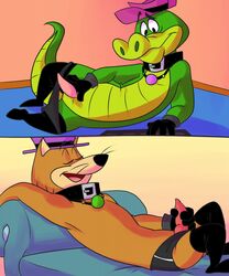 2boys alligator anthro ball_gag brown_fur erect_penis erection eyebrows_visible_through_hair furry furry_only gay gloves green_scales hanna-barbera hat hokey_wolf ladysomnambule male male_focus male_only masturbation open_mouth penis wally_gator whiskers