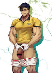 1boy alternate_costume bar_censor bara baseball_cap baseball_uniform black_hair blind blonde_hair censored covered_nipples cum ejaculation facial_hair feet_out_of_frame flaccid hat highres large_pectorals leg_hair looking_at_viewer male_focus male_masturbation masturbation multicolored_hair muscular muscular_male ninja_(yzpyn) original pectorals scar scar_on_face shirt short_hair shorts shorts_removed smile solo solo_male sportswear streaked_hair stubble thick_thighs thighs veins white_shorts yellow_shirt yzpyn