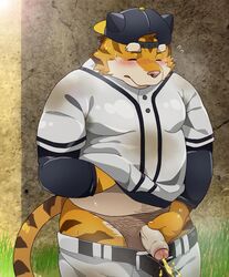 1boy anthro balls baseball_cap baseball_uniform belly blush bodily_fluids clothed clothing erection felid fur genital_fluids genitals grass hat headgear headwear holding_penis humanoid_hands kemono male male_only mammal moobs nikiciy overweight overweight_anthro overweight_male pantherine peeing penis plant shirt solo sportswear sweat tiger topwear touching_self underwear uniform urine yellow_body yellow_fur