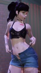 2020s 2021 3d alternate_version_available black_choker black_hair black_lipstick blender blizzard_entertainment blue_bottomwear choker crop_top d.va denim_shorts ear_piercings goth heroine nose_piercing overwatch piercing ponytail punk shorts solo solo_female tattoos tomboy vulpeculy watermark