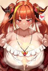 after_paizuri after_sex bare_shoulders big_breasts cleavage cleavage_cutout cum cum_between_breasts cum_on_breasts hair_ribbon heart holoforce hololive hololive_japan horn kiryu_coco long_ears looking_at_viewer necklace nuezou open_jacket orange_hair paizuri_under_clothes red_eyes see-through steam tagme tank_top top_pull twintails virtual_youtuber yellow_cum