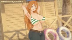 1girls 3d 3d_(artwork) barely_clothed beach big_breasts bikini bikini_top brown_eyes cleavage curvaceous curvy erect_nipples erect_nipples_under_clothes female female_focus female_only hands_behind_head huge_breasts koikatsu large_breasts long_hair looking_at_viewer nami nipples_visible_through_clothing one_piece open_mouth orange_hair patreon pinup posing revealing_clothes seductive seductive_look showing_off sideboob skimpy skimpy_bikini skimpy_clothes smile takeo92 text thick tight_clothing tight_pants underboob wide_hips