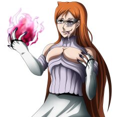 big_breasts bleach corruption espada evil_smile hollowfication inoue_orihime orange_hair possessed possession sadism szayelaporro_granz tongue_out yellow_eyes