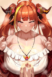 ahe_gao bare_shoulders big_breasts censored cleavage_cutout cross_eyed cum cum_on_breasts cumming fully_clothed holoforce hololive hololive_japan horns kiryu_coco long_ears nuezou open_jacket orange_hair paizuri paizuri_under_clothes red_eyes see-through see-through_clothing steam tagme tank_top top_pull virtual_youtuber yellow_cum