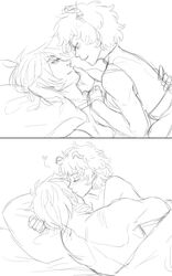 1boy 1girls alternate_hairstyle cowgirl_position cute eijirou_kirishima embrace embracing eye_contact face_to_face fanon_couple female female_on_top hand_on_face heart horns hugging in_bed kissing line_art looking_at_partner male mina_ashido my_hero_academia on_bed romantic short_hair straight sweet wholesome wip work_in_progress