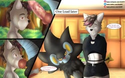 absurd_res anthro balls canid canine canis closed_eyes clothed clothing digital_media_(artwork) draik duo erection fellatio feral fur genitals girly grey_body grey_fur grin hair hands_behind_back hi_res interspecies knot looking_at_viewer luxray male male/male mammal nintendo oral oral_penetration penetration penile penis pokémon_(species) pokémon_center pokemon pokemon_(species) pokephilia sex shaded simple_background smile submissive text video_games wolf