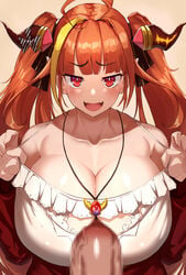 bare_shoulders big_breasts censored cleavage cleavage_cutout hair_ribbon holoforce hololive hololive_japan kiryu_coco long_ears looking_at_viewer mosaic_censoring necklace nuezou open_jacket orange_hair paizuri paizuri_under_clothes penis_between_breasts red_eyes tagme tank_top top_pull twintails virtual_youtuber