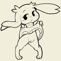 2019 anthro black_and_white bottomless cave_story clothed clothing female flashing front_view full-length_portrait genitals hi_res itsunknownanon lagomorph line_art looking_at_viewer mammal mimiga monochrome portrait pussy solo standing sue_sakamoto sweater_lift video_games