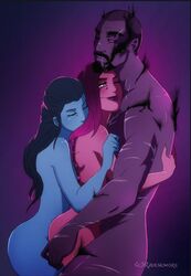 1boy 2girls blue_skin hugging latina naked overwatch overwatch_2 purple_eyes ravenemore reaper sombra widowmaker