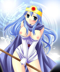 1girls anime_style big_breasts blue_eyes blue_hair blush breasts cape circlet clothed clothing covering covering_crotch dragon_quest dragon_quest_iii dress dress_tug female female_only front_view huge_eyes human large_breasts long_hair looking_at_viewer nipples pale_skin pink_nipples pointy_chin sage_(dq3) solo staff standing straight_hair tamagawa_toketsu