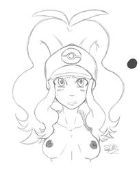 breasts female female_only hat hilda_(pokemon) human monochrome nintendo nipples nude pokemon pokemon_bw ponytail sketch solo sonicdash tied_hair