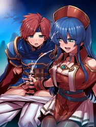 1boy 1girls aqua_eyes blue_hair breasts censored cleavage cum cum_on_face cum_on_hair cumshot ejaculation female fire_emblem fire_emblem:_the_binding_blade green_eyes handjob hat large_breasts light-skinned_female light-skinned_male light_skin lilina_(fire_emblem) long_hair looking_at_penis male nintendo open_mouth pantyhose roy_(fire_emblem) smile thighs tsuki_wani tukiwani