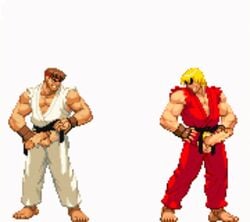 2boys animated capcom erection human ken_masters male male_only multiple_males pixel_art ryu_(street_fighter) sprite straight_hair street_fighter tagme white_background yaoi