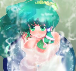 blush female female_only frog green_eyes green_hair hair_ornament human long_hair nude poko_(mammypoko) sanae_kochiya snake solo touhou