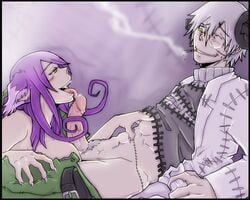 1boy 1girls abs animal_ears artist_request blair_(soul_eater) blush cat_ears cat_girl female franken_stein licking male muscle nail nails penis purple_hair scar smoking soul_eater stitches straight