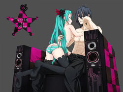 aqua_eyes aqua_hair armchair ass blue_eyes blue_hair checkered chin_rest el-f feet flat_chest hatsune_miku kaito_(vocaloid) kneeling legs muscle panties sitting speaker striped striped_panties thighhighs tied_hair topless twintails underwear underwear_only vocaloid world_is_mine_(vocaloid)