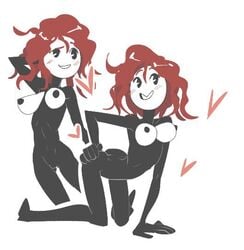 artist_request black_eyes black_nipples black_suit breasts cute dark_red_hair ellie_rose female_only fleeing_the_complex heart heart_emote henry_stickmin_(game) mob_face red_eyes red_hair solo stickman tore_clothes