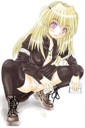 black_cat_(series) black_topwear blonde blonde_female blonde_hair blue_eyes blush blushing boots cross_necklace detached_sleeves eve_(black_cat) female female_focus female_only holding_object long_hair open_eyes open_mouth panties panties_aside peeing peeing_on_ground simple_background sitting_pee solo solo_female solo_focus squatting stockings tagme urinating urinating_female urination urine urine_splatter urine_stream white_background white_panties