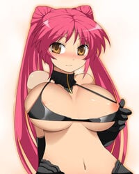 bra breasts brown_eyes gloves harikono kousaka_tamaki large_breasts navel nipples red_hair tied_hair to_heart_(series) to_heart_2 twintails