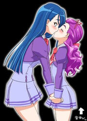 2girls artist_request blue_hair blush clothing female french_kiss hand_holding kissing kurumi_mimino mimino_kurumi minazuki_karen multiple_girls precure pretty_cure purple_hair school_uniform simple_background size_difference yes!_precure_5 yes!_pretty_cure_5 yuri