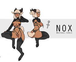 animal_ears caprine cloven_hooves cross dark-skinned_female dark_skin female hooves horns mammal nipple_piercing nox_(character) nsfwnox pasties pussy skimpy solo thighhighs