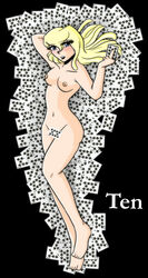 1girls batman_(series) batman_beyond blonde_female blonde_hair blue_eyes blushing covered_pussy curvy dc_comics dcau exposed_breasts eyelashes female female_focus female_human female_only looking_at_viewer melanie_walker open_mouth partial_nudity playing_cards tagme ten_(royal_flush_gang)