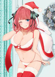 1girls ;p absurdres bangs bikini black_ribbon blue_eyes blunt_bangs blush breasts choker christmas cleavage collarbone eyebrows_visible_through_hair fur_trim go-toubun_no_hanayome hair_ornament hair_ribbon hat hi_res highres huge_filesize large_breasts looking_at_viewer nakano_nino navel one_eye_closed red_bikini red_choker red_hair red_headwear red_legwear red_ribbon ribbon ribbon_choker sack santa_bikini santa_hat short_hair skindentation smile solo stomach string_bikini swimsuit thighhighs tongue tongue_out uiri_na