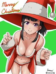 1girls bangs baron_(artist) bent_elbows black_hair bra breasts christmas christmas_outfit clavicle cleavage closed_mouth clothing coat cowboy_shot enen_no_shouboutai female female_only female_solo fire_force fur_trim hat headwear high_resolution large_breasts large_hat leaning_forward long_hair long_sleeves looking_at_viewer merry_christmas midriff navel off_shoulder official_art oze_maki pantsu purple_eyes red_bra red_coat red_panties red_underwear santa_bikini santa_costume santa_hat sidelocks signature sleeves_past_wrists smile solo stomach thighs twitter_username two-tone_background underwear