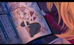 blonde_hair blue_eyes breast_milk canonical_scene drupeneassot gwen_art_check gwen_stacy lactating lactation marvel meme milk spider-gwen spider-man:_across_the_spider-verse