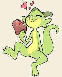 2019 anthro blush casual_nudity closed_eyes eating female flat_chested food front_view full-length_portrait genitals green_body happy heart hi_res itsunknownanon kobold meat nude portrait pussy scalie sitting solo