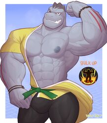 1boy 2021 abs anthro barazoku belt biceps big_bulge big_muscles blue_background bodily_fluids border bottomwear bracelet bulge bulk clothed clothing english_text flaccid flexing hi_res jewelry looking_at_viewer machoke male male_only muscular muscular_anthro muscular_male navel nintendo nipples obliques one_eye_closed open_clothing open_shirt open_topwear pants pecs pokémon_(species) pokemon pokemon_(species) pokemon_unite shirt simple_background smile smirk solo standing sweat teeth text tight_clothing topwear vein video_games white_border wink wolf_con_f