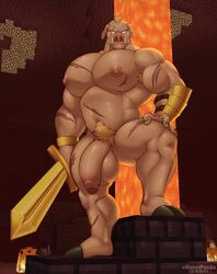 2021 anthro armor armpit_hair balls barazoku bent_leg big_balls big_muscles big_nipples big_pecs big_penis body_hair bracers brick flaccid foreskin genitals gold_(metal) hair hand_on_leg hi_res holding_object holding_sword holding_weapon hooves humanoid_genitalia humanoid_penis hunnipanda lava looking_at_viewer male male_only mammal melee_weapon microsoft minecraft mojang muscular muscular_anthro muscular_male navel nether nipples nude pecs penis piglin pubes rock scar solo standing suid suina sus_(pig) sword thick_thighs tusks unconvincing_armor video_games weapon white_eyes xbox_game_studios