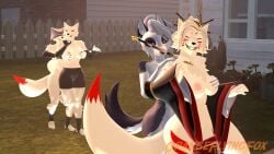 16:9 2_tails 3d 3d_(artwork) 3d_background anthro big_breasts breasts canid canid_demon canine canis clothed clothing demon digital_media_(artwork) duo female female/female fox fur genitals group hair hellhound helluva_boss hi_res loona_(helluva_boss) mammal multi_tail nipples noriko_(petruz) nude open_mouth orangeflyingfox partially_clothed simple_background white_body white_fur widescreen wolf yellow_eyes