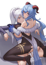 1futa 1girl1futa 1girls ass bare_shoulders black_bodysuit black_gloves blue_eyes blue_hair blush bodysuit bottomless breasts closed_mouth clothed clothed_sex clothing commentary commission crossover cum detached_sleeves duo female futa_on_female futa_with_female futanari ganyu_(genshin_impact) genshin_impact gloves goat_horns hair_between_eyes highres horns human humanoid kneeling large_breasts light-skinned_female light-skinned_futanari light_skin long_hair long_sleeves looking_at_viewer multiple_girls mystral_outfit nipples overflow pale_skin partially_clothed ponytail rwby sex sitting smile straddling torn_bodysuit torn_clothes upright_straddle weiss_schnee weiss_schnee_(mystral) white_background white_hair zero_a