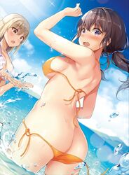 2girls arm_up ass ass_cleavage bangs bare_arms bare_shoulders bikini black_hair blue_sky blush breasts brown_eyes brown_hair butt_crack cleavage cloud day diagonal-striped_bikini diagonal_stripes dutch_angle eyebrows_visible_through_hair female from_behind hair_between_eyes highres horizon long_hair looking_at_another looking_at_viewer looking_back low_twintails medium_breasts multiple_girls ocean orange_bikini original outdoors purple_eyes shiro_kuma_shake side-tie_bikini sky splashing striped striped_bikini swimsuit twintails untied untied_bikini wardrobe_malfunction water