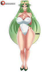 1girls alternate_version_available breasts cleavage clothed deckman female female_only green_eyes green_hair hourglass_figure kid_icarus large_breasts leotard long_hair looking_at_viewer mrdeck nintendo nipples nipples_visible_through_clothing palutena seductive_look smile solo voluptuous white_background