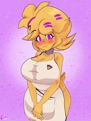 3d 3d_(artwork) animatronic apron apron_only big_breasts blush brooch cally3d chica_(cally3d) chica_(fnaf) chiku chiku_(cryptia) clazzey cryptiacurves fazclaire's_nightclub five_nights_at_freddy's fnaf fredina's_nightclub purple_eyes scottgames solo solo_female tagme yellow_body yellow_hair